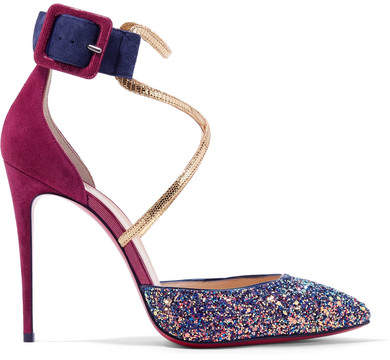 Christian Louboutin - Suzanna 100 Leather-trimmed Glittered Suede Pumps - Plum