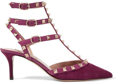 Valentino - The Rockstud Leather-trimmed Suede Pumps - Grape