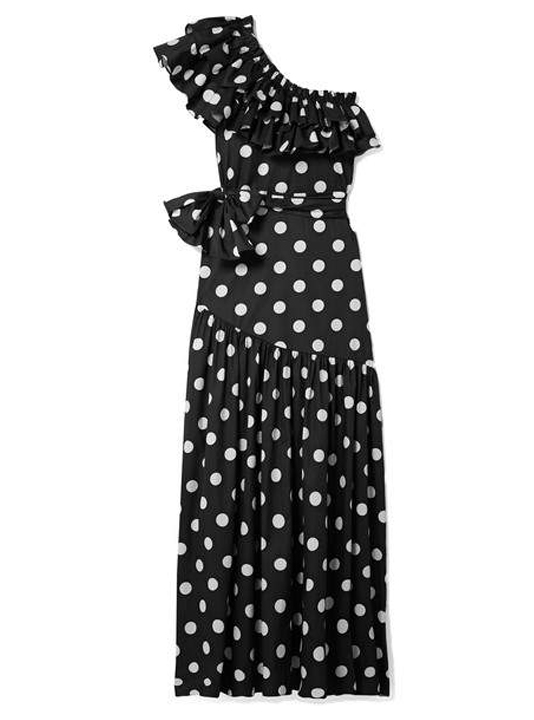Caroline Constas - Rhea One-shoulder Ruffled Polka-dot Cotton-blend Poplin Maxi Dress - Black