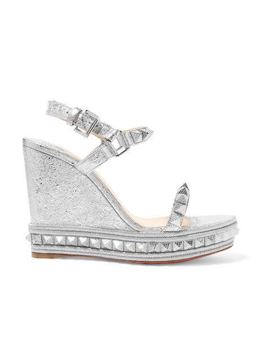 Christian Louboutin - Pyraclou 110 Spiked Metallic Textured-leather Wedge Sandals - Silver
