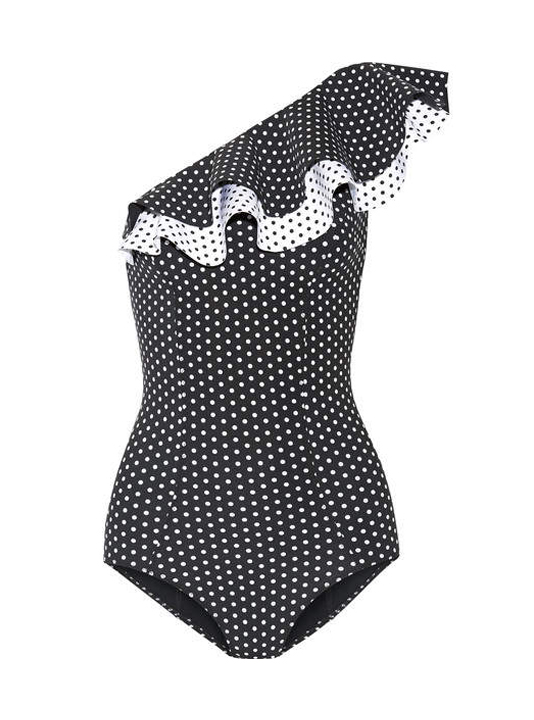 Lisa Marie Fernandez - Arden Double Ruffle One-shoulder Polka-dot Bonded Swimsuit - Black
