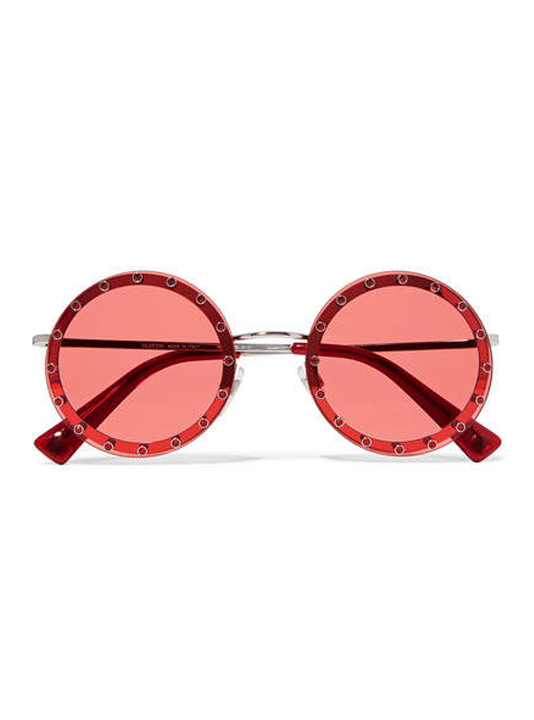 Valentino - Crystal-embellished Round-frame Acetate Sunglasses - Red